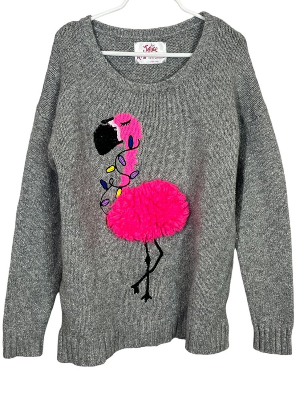 Justice Girls Gray Flamingo Sweater Size 14/16 Pom Pom Knit Pullover